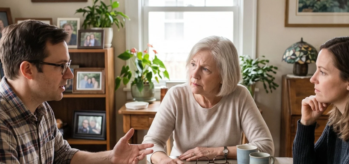 A mother discussing her trust with her adult son and daughter.